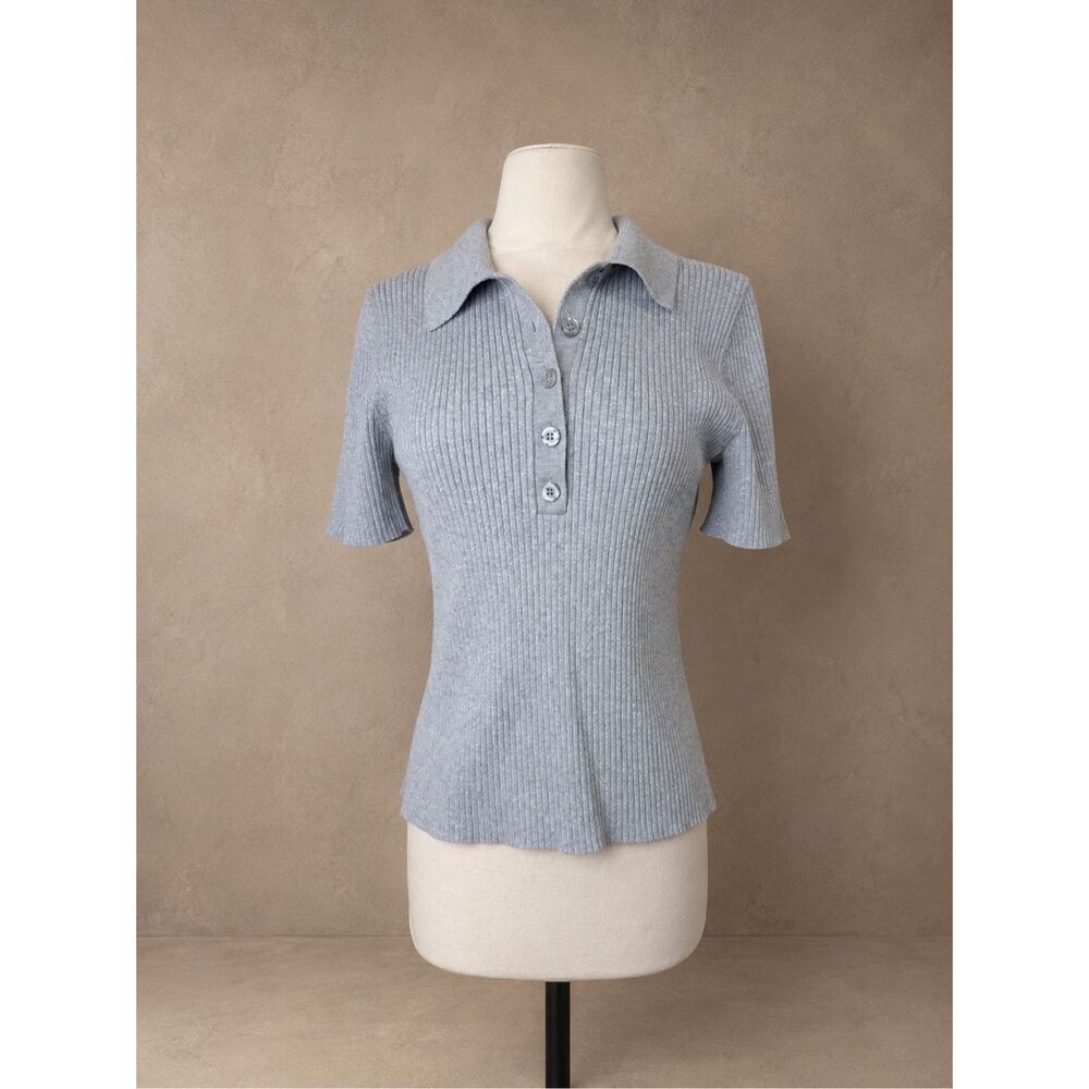 Treasure & Bond Short Sleeve Ribbed Polo Sweater Top Gray | Medium